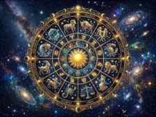 A celestial zodiac wheel showing all 12 signs, illustrating October 2026 astrology