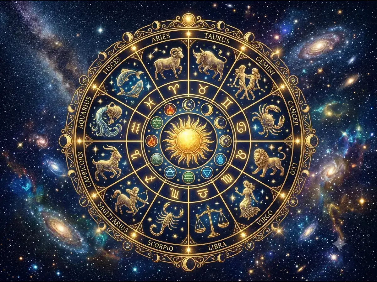 A zodiac wheel showing all 12 signs in a celestial theme