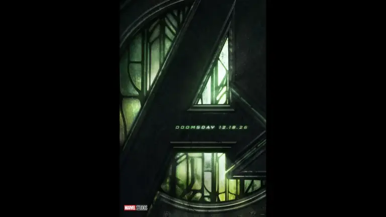 Dark, dramatic poster featuring a large, stylized "A" for Marvel Studios' Avengers: Doomsday with light glowing through green-tinted geometric patterns. Text reads "Doomsday 12.18.26."