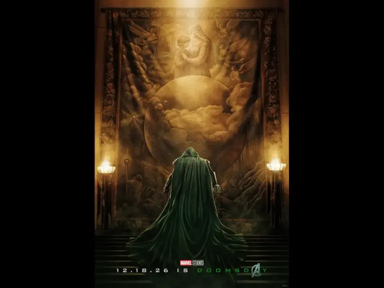 A figure in a green cloak stands in front of a large, ornate tapestry depicting a celestial scene, with a planet and two figures embracing, illuminated by soft light. The date "12.18.26" and the word "DOOMSDAY" are visible at the bottom of the image.