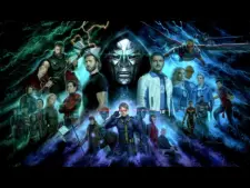 "Avengers: Doomsday": A dynamic collage of Marvel superhero characters and Dr. Doom in action poses, set against a vibrant, electrified background. The tone is epic and intense.