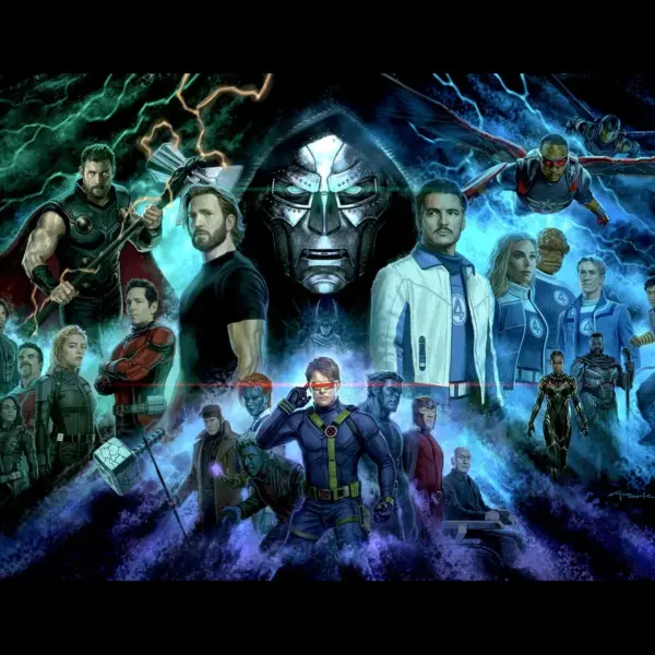 "Avengers: Doomsday": A dynamic collage of Marvel superhero characters and Dr. Doom in action poses, set against a vibrant, electrified background. The tone is epic and intense.