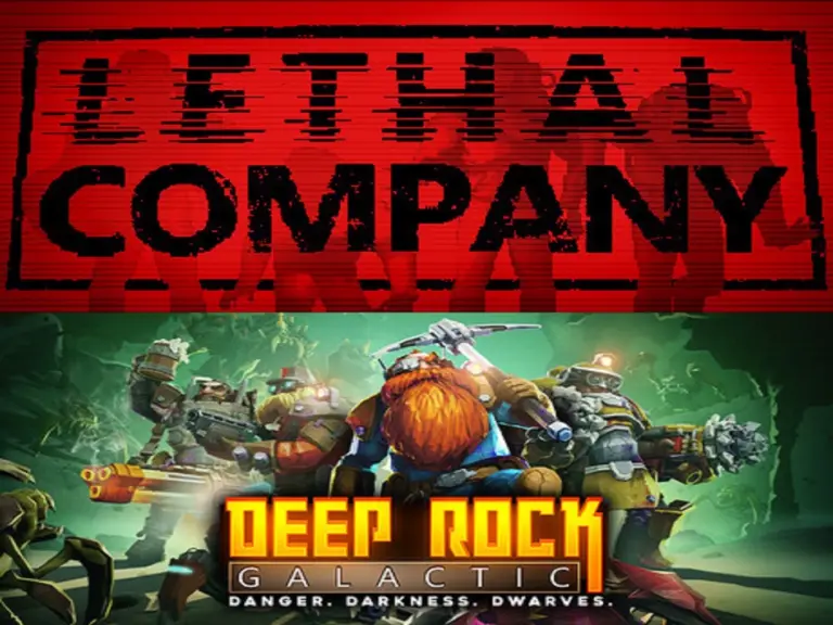 A split image of the banners for the games Lethal Company in black text over a red background with the silhouettes of differing faction members and Deep Rock Galactic featuring dwarves with mining tools and weapons inside the caverns as a backdrop.