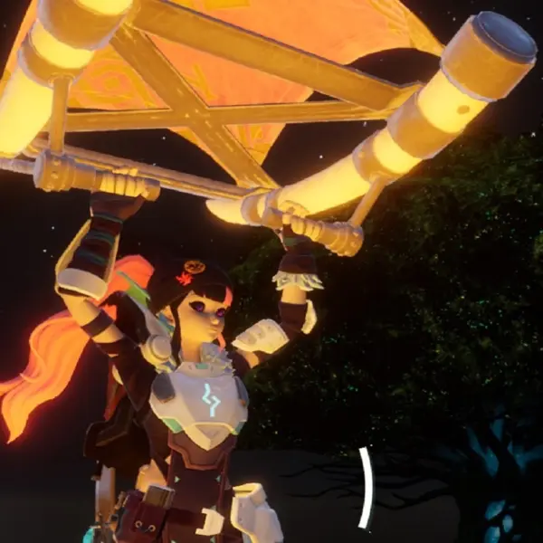 A character in Palworld with the World Tree in the background illuminating the night sky.