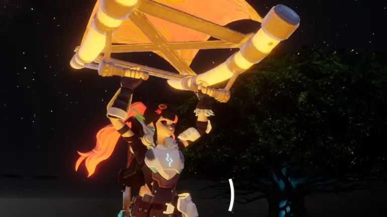 A character in Palworld with the World Tree in the background illuminating the night sky.