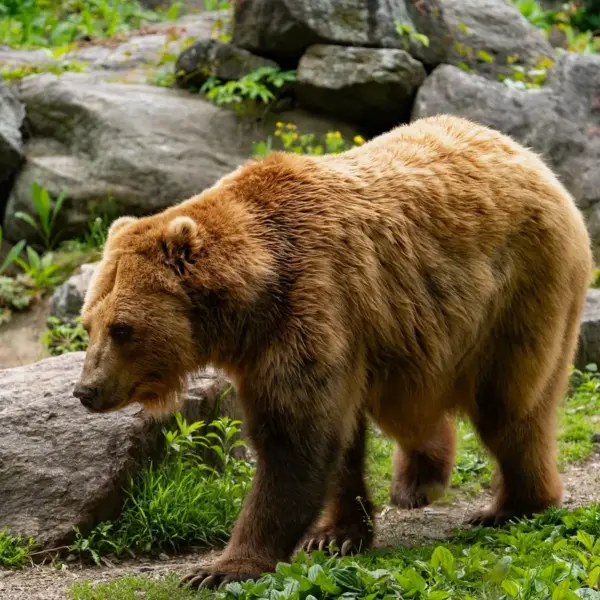 A powerful brown bear walks through a rocky natural habitat surrounded by greenery, a perfect reminder of why wildlife safety matters.