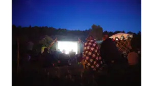 Adults gather outdoors for a night backyard movie screening under the stars