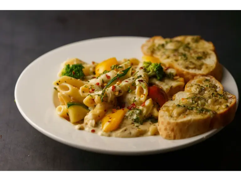 A delicious plate of penne pasta with vegetables and garlic bread turns into one of those quick meals that feels comforting, hearty, and way fancier than the effort it takes.