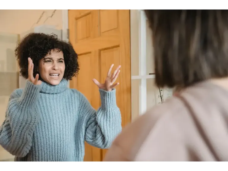Arguing dreams echo through the moment as two women engage in an expressive, intense indoor conversation, their emotions spilling out through every gesture