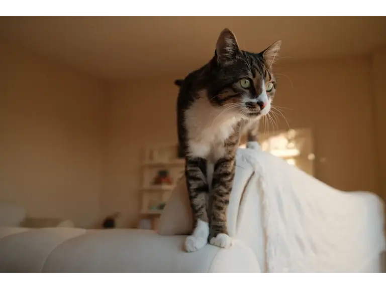 A tabby cat stands on a sofa with soft sunlight streaming into an indoor space, quietly embodying the calm intuition hero pets are known for.