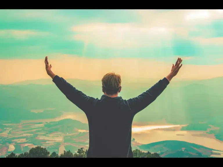 In daily devotional, a man is seen with arms lifted in praise to God surrounded by nature.