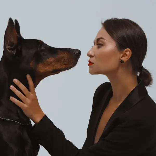 A stylish woman gazes at a Doberman in an intimate studio setting, creating a striking moment that perfectly captures the charm of pet lookalikes