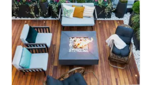A top‑down view of a modern patio featuring stylish furniture and a central firepit, creating a clean, inviting space perfect for DIY Projects.