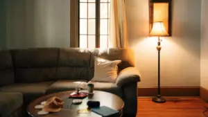 A warm, inviting living room interior featuring a sofa, coffee table, and floor lamp giving a peaceful home vibe