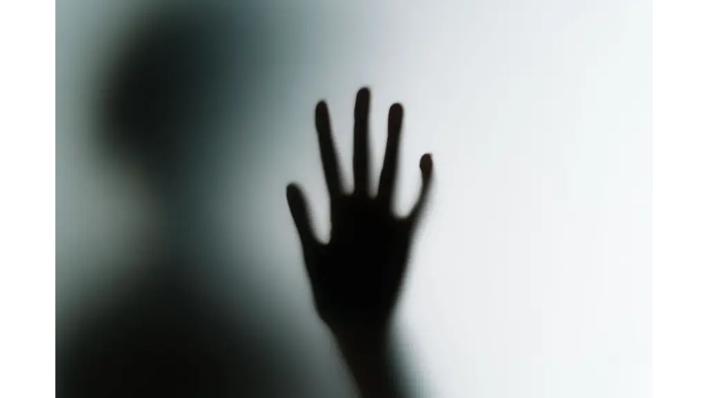 Silhouette of a hand against frosted glass, a quick hit of horror origins in one chilling frame.