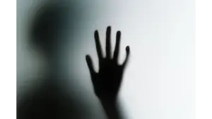 Silhouette of a hand against frosted glass, a quick hit of horror origins in one chilling frame.