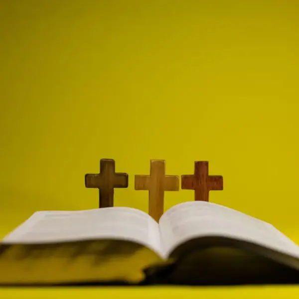 In today's daily devotional, an open Bible is pictured with 3 crosses in the center on a golden yellow background.