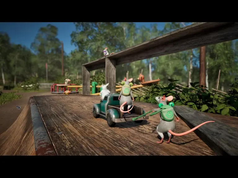 4 mice around a structure. one mouse pushing 2 mice on a cart, while other mouse sits on top of structure.