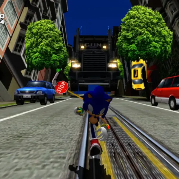 Sonic the Hedgehog running down the street. He will appear in new Fortnite season.