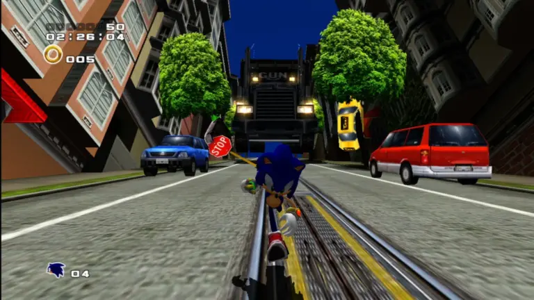 Sonic the Hedgehog running down the street. He will appear in new Fortnite season.