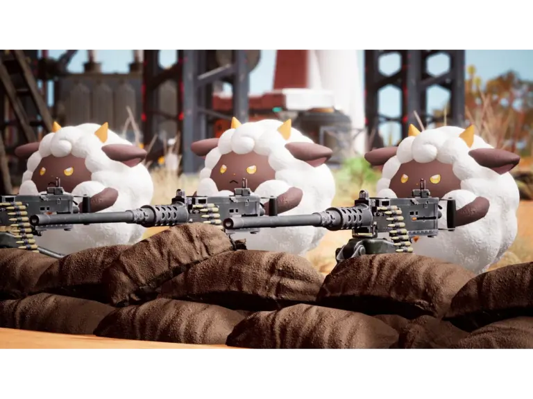 Palworld in game play sheep with machine gun