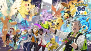 Colorful artwork of Pokémon Go characters for 10th year anniversary.