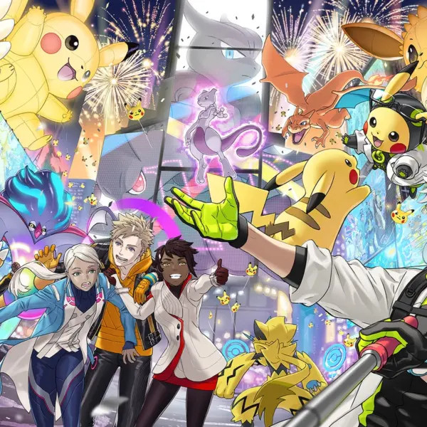 Colorful artwork of Pokémon Go characters for 10th year anniversary.