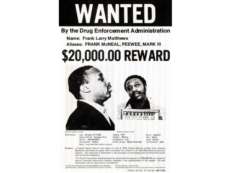 A wanted poster for Frank Matthews issued by the DEA, highlighting his status as a ghost fugitive who vanished without a trace.