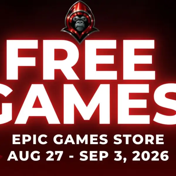 Free Games on the Epic Games Store Aug 27 - Sep 3, 2026 on a red background with gaming related icons