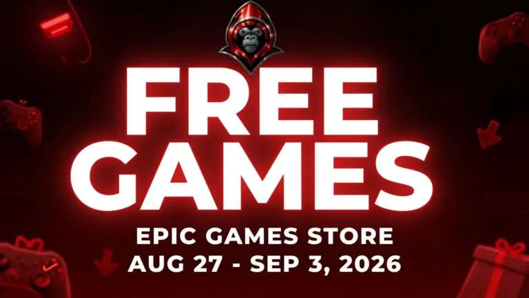 Free Games on the Epic Games Store Aug 27 - Sep 3, 2026 on a red background with gaming related icons