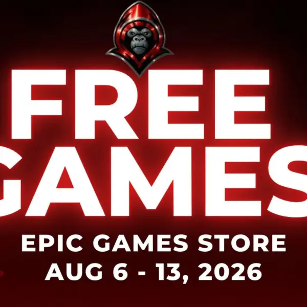 Free Games on the Epic Games Store Aug 6 - 13, 2026 on a red background with gaming related icons