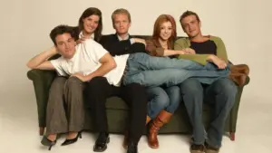 Josh Radnor and the rest of the main cast from "How I Met Your Mother" posing for a promotional shot
