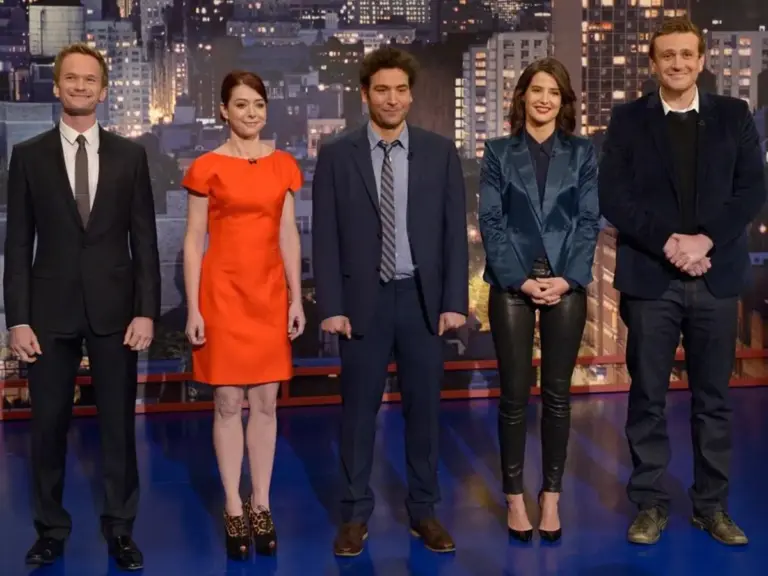 Image of the main cast from "How I Met Your Mother" posing for promotional shot