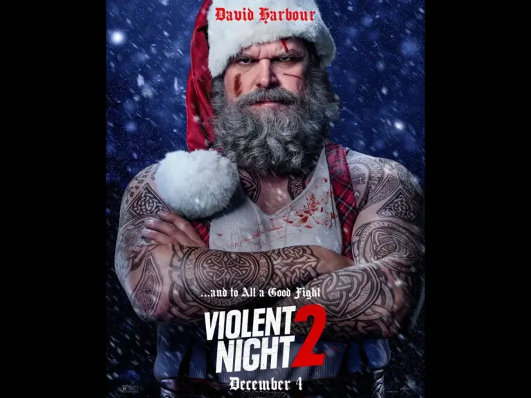 A muscular man with a Santa hat, bloodied and tattooed, stands with his arms crossed; promotional poster for "Violent Night 2" featuring the text "David Harbour" and the release date of December 4.
