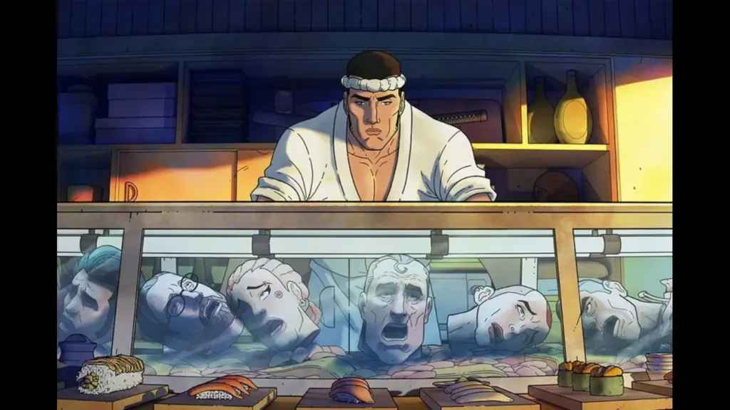 Get Jiro! Main character Jiro, a sushi chef, stands behind a counter, looking concerned as he prepares sushi, while several disembodied heads float in a tank filled with water, appearing shocked and distressed. The setting is colorful and animated, capturing a surreal scene.
