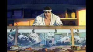 Get Jiro! Main character Jiro, a sushi chef, stands behind a counter, looking concerned as he prepares sushi, while several disembodied heads float in a tank filled with water, appearing shocked and distressed. The setting is colorful and animated, capturing a surreal scene.