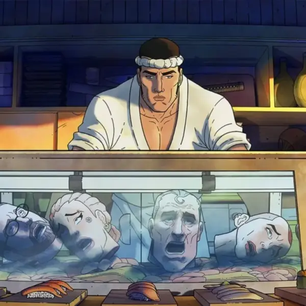 Get Jiro! Main character Jiro, a sushi chef, stands behind a counter, looking concerned as he prepares sushi, while several disembodied heads float in a tank filled with water, appearing shocked and distressed. The setting is colorful and animated, capturing a surreal scene.