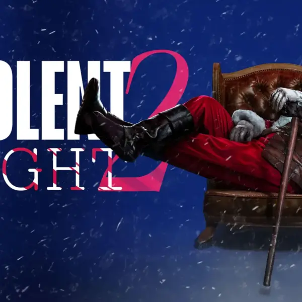 A Santa Claus figure lounging in a chair with a candy cane, against a snowy background and the text "Violent Night 2."