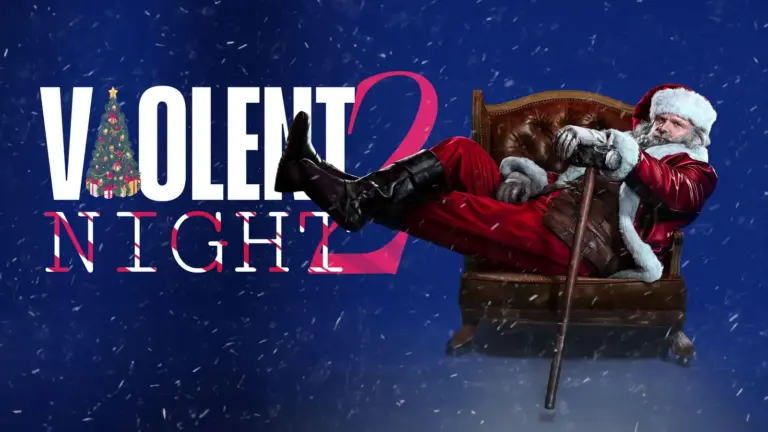 A Santa Claus figure lounging in a chair with a candy cane, against a snowy background and the text "Violent Night 2."