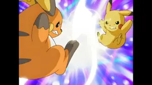 Japan's Pokémon characters, one resembling an orange-and-brown creature and the other a yellow one, face each other against a colorful background, suggesting an intense battle scene.