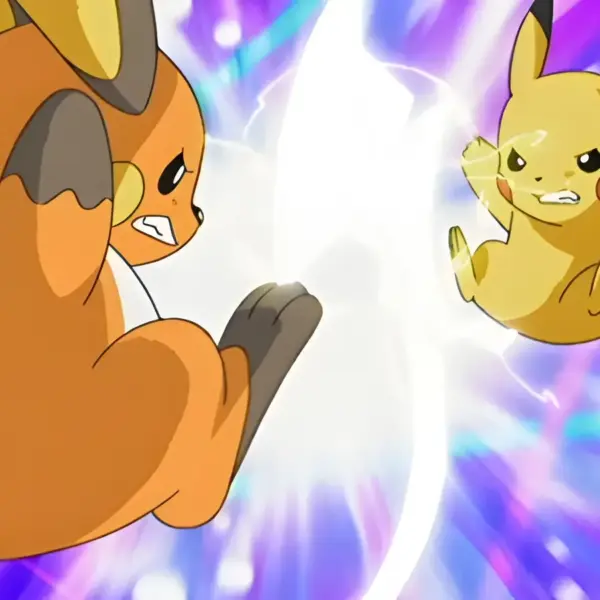 Japan's Pokémon characters, one resembling an orange-and-brown creature and the other a yellow one, face each other against a colorful background, suggesting an intense battle scene.