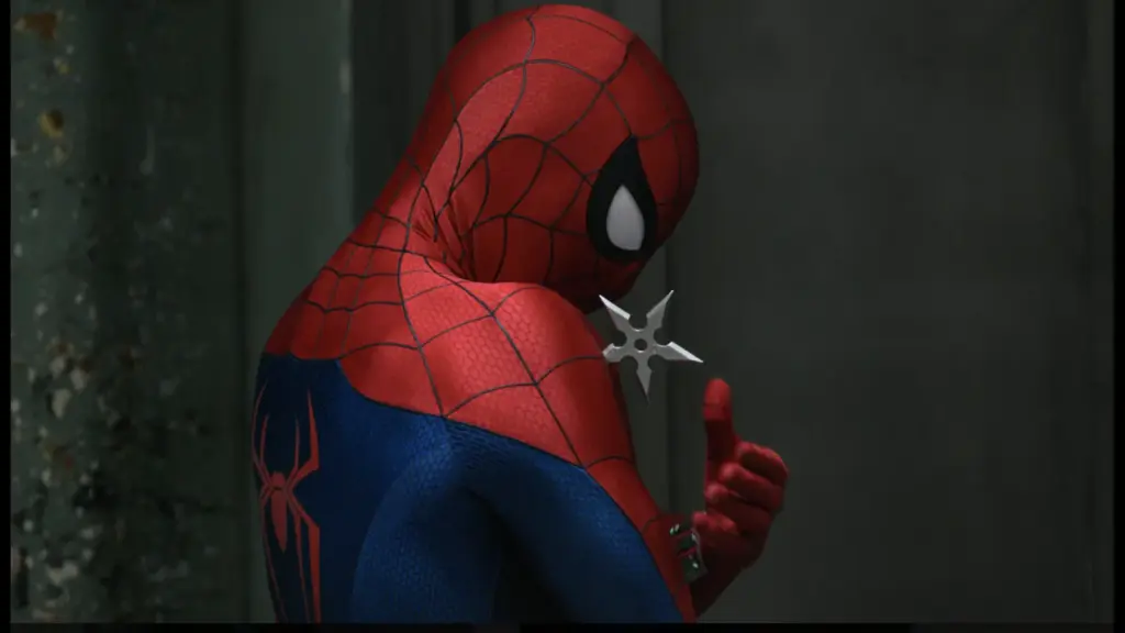 Spider-Man, in his red and blue suit, holds a silver throwing star, striking a confident pose against a dark, textured background. Sadie Sink plays Jean Grey.