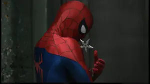 Spider-Man, in his red and blue suit, holds a silver throwing star, striking a confident pose against a dark, textured background. Sadie Sink plays Jean Grey.