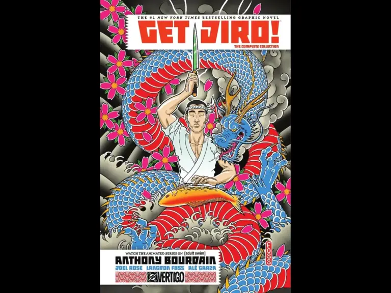 A graphic novel cover featuring a man with a katana surrounded by a dragon and floral designs, titled "Get Jiro!" with the names of contributors listed.