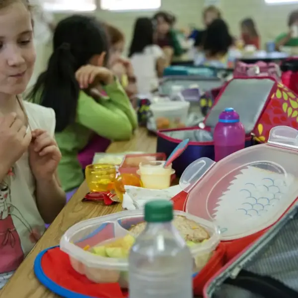 A group of children sitting at a table eating lunch, with various lunchboxes and food containers visible. A girl in the foreground is eating and looking at her food. school lunch, packed lunch, back-to-school