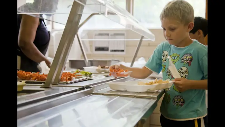 A young boy in a blue t-shirt serving food at a cafeteria line. School cafeteria prices, school lunch, back to school