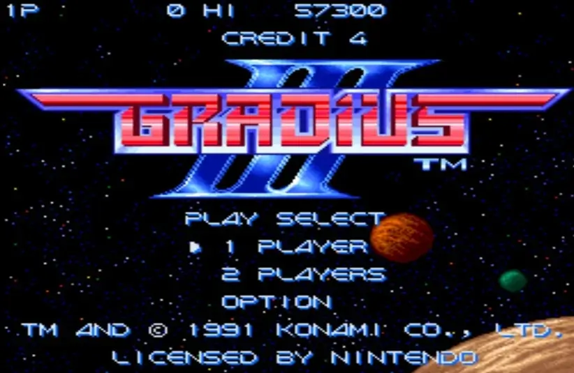 The title screen of the SNES game Gradius III.