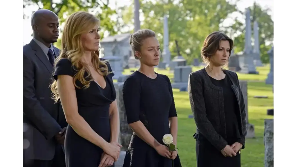 Hayden Panettiere, Connie Britton, Kourtney Hansen, and Melvin Ray Kearney II from Nashville in funeral attire for the Season 2 premier of Jolene's passing