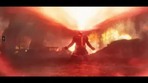 Marvel X-Men's Cyclops, portrayed by James Marsden, unleashes his optic blasts amidst a fiery backdrop, expressing deep grief.