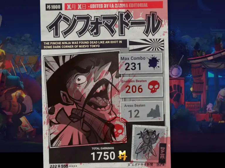 Mexican Ninja screen of death shown as a newspaper headline showcasing players max combo, enemies killed, and areas cleared